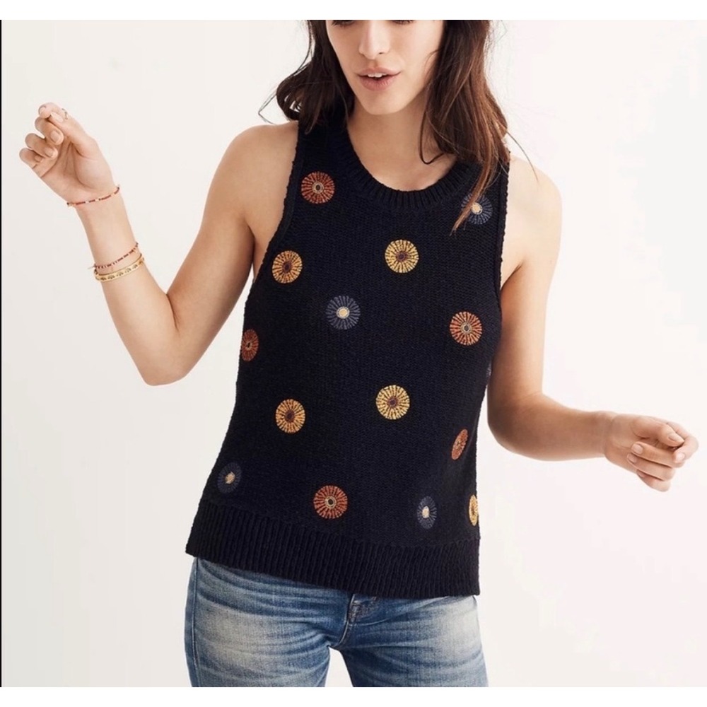 Madewell Navy Blue Sleeveless Knit Sweater Vest Embroidered Floral Size XXS‎